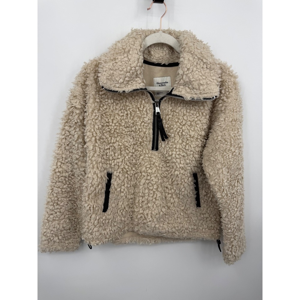 Abercrombie & Fitch Sherpa Pullover Women XS Cream Faux Fur Quarter Zip Fleece